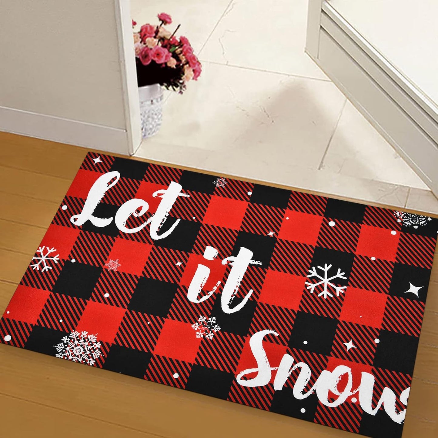 Christmas Buffalo Plaid Rug, Let It Snow Christmas Doormat with Non Slip Backing, Christmas Mats for Outdoor Front Door, Soft Indoor Rug for Bedroom Living Room Kitchen, 18 X 30 Inch