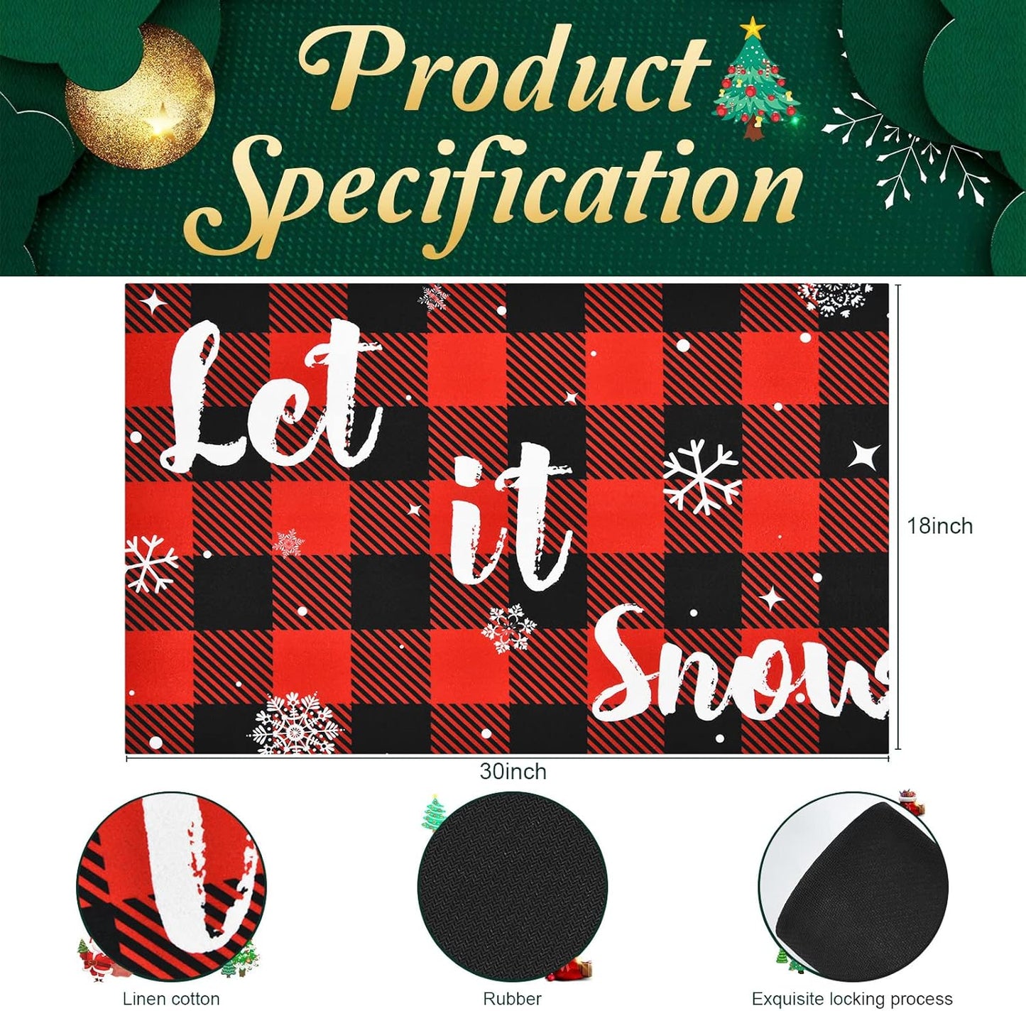 Christmas Buffalo Plaid Rug, Let It Snow Christmas Doormat with Non Slip Backing, Christmas Mats for Outdoor Front Door, Soft Indoor Rug for Bedroom Living Room Kitchen, 18 X 30 Inch